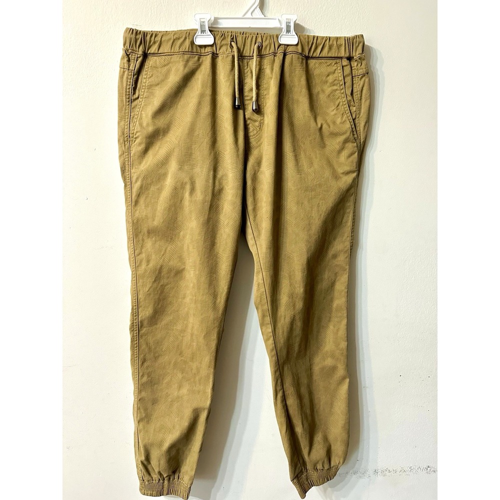 Cherokee Mens Size 36 Jogger Pants Tan Khaki Leaf Print Cotton Stretch
